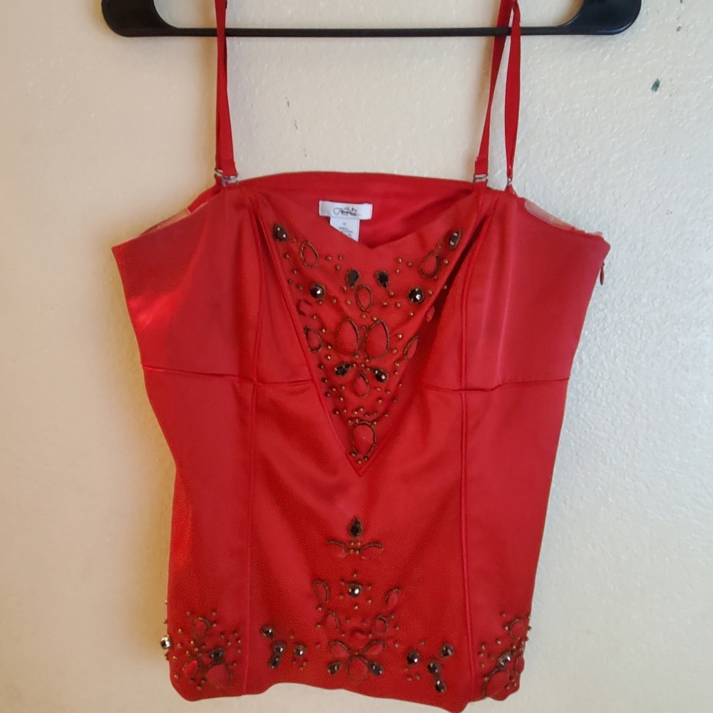 Cache Red Jeweled Beaded Corset Satin Bustier Top